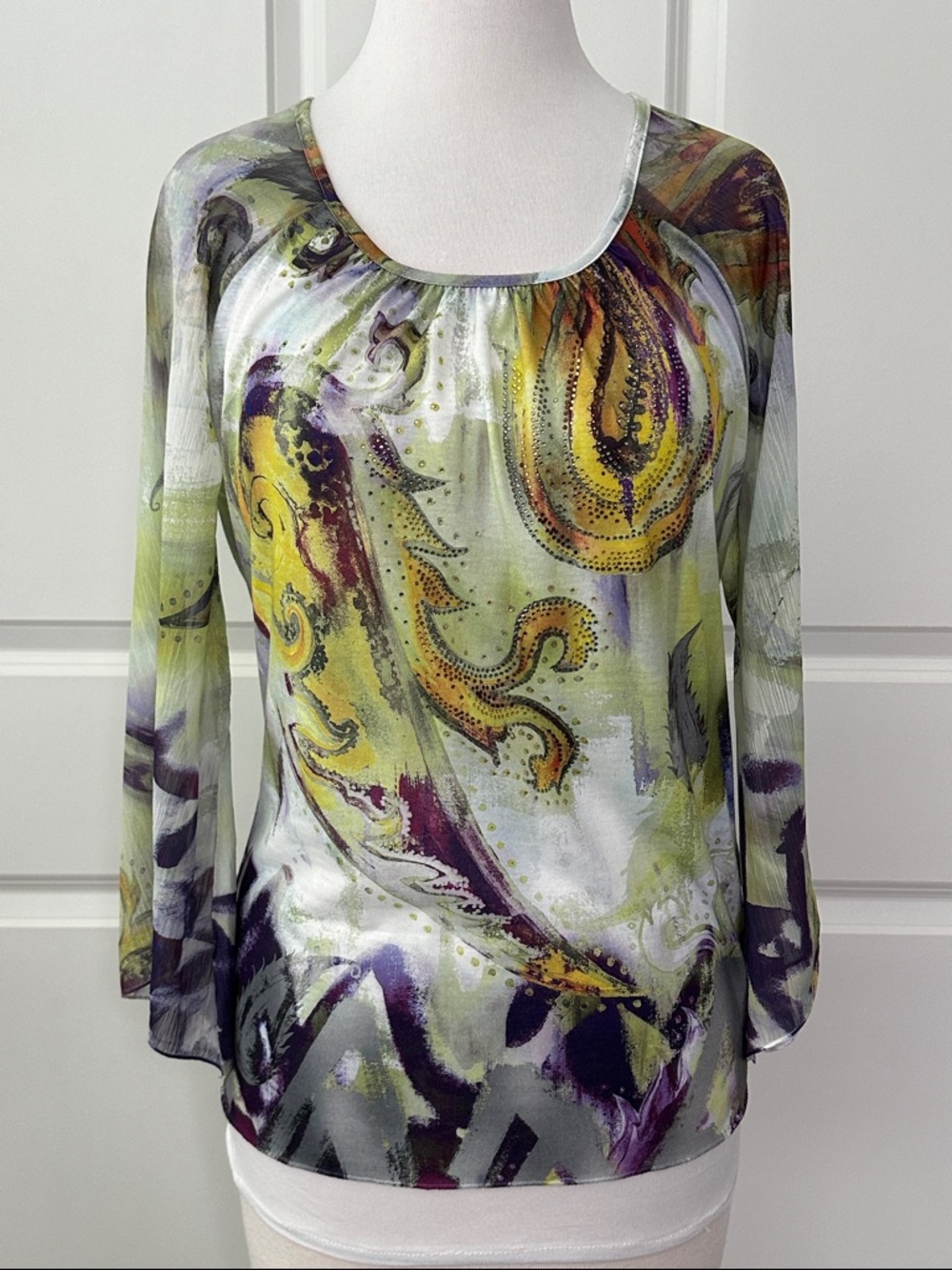 Chico's Violet Paisley Marilyn Embellished Scoop Neck 3/4 Sleeve Blouse Size 6